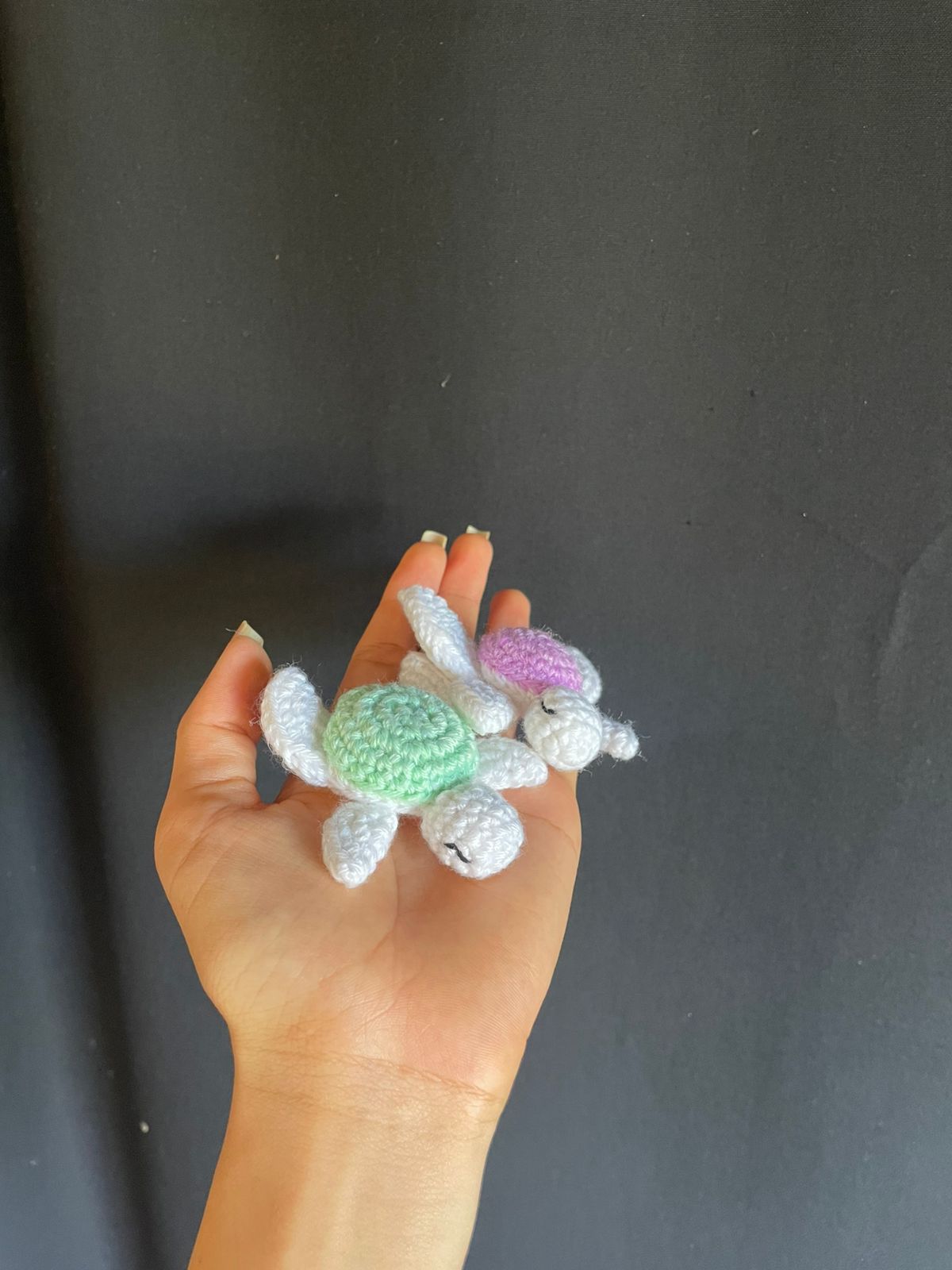 Crochet turtles in mint and violet